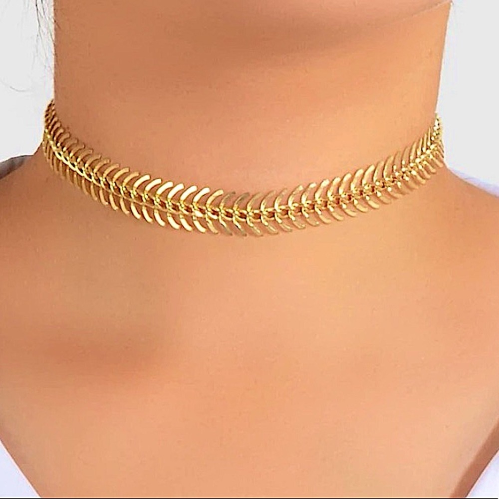 Fishbone Gold Chevron Choker Necklace